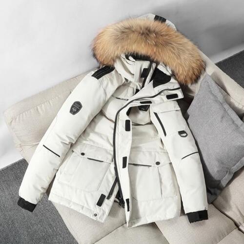 용남성칼라 다운 재킷, 두껍고 따뜻한 화이트 덕 후드 코트, 아웃도어 캠핑 하이킹 롱 윈드브레이커