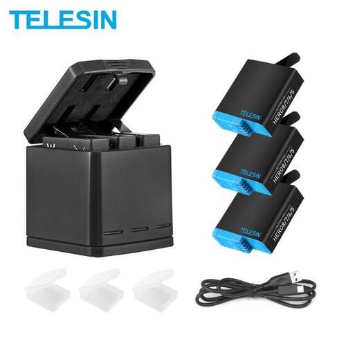 TELESIN3 웨이 LED 배터리 충전기  3 배터리 팩 충전 박스 타입C 케이블 고프로 히어로 8 7 6 히어로 5 블랙 액세서리 세트