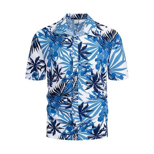 남성 여름 셔츠, 플로랄 패턴 하와이안 터틀넥 반팔 버튼 다운 비치 빅 미국 사이즈, Camisa Hombre