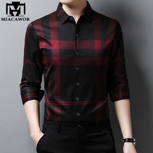 고품질 남성 셔츠 슬림핏 실크 드레스 봄 긴캐주얼 체크 무늬 Camisa Masculina C728