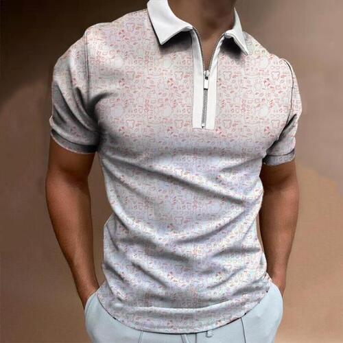 남성폴로 셔츠, 캐주얼긴체크 무늬 포밍 프린트 턴 다운 칼라 지퍼 미국 빅 사이즈