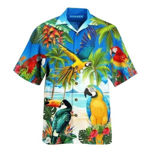 남자 앵무새 프린팅 여름 셔츠 짧은턴 다운 칼라 스트릿 박시 망 하와이 휴가 Beachwear Camisa 2022