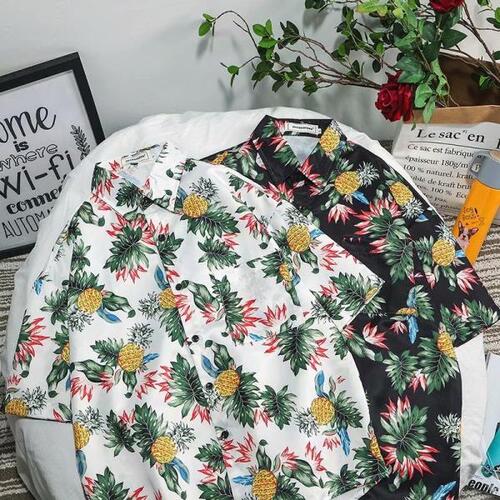 고품질 남성 하와이안 셔츠, 넉넉한 프린트 반팔 빅 미국 사이즈 비치 나뭇잎 꽃 파인애플