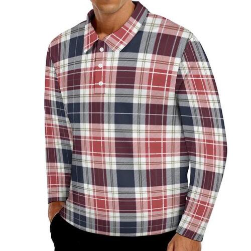 타탄 체크 무늬 캐주얼 티셔츠 남성 빨간색과 파란색 긴폴로 셔츠,봄 맞댄싱 빅사이즈 4XL