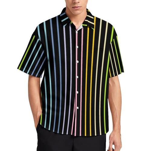 레인보우 스트라이프 캐주얼 셔츠, 세로 줄무늬 프린트 하와이안 반팔 미적 블라우스, 남자 빅 사이즈