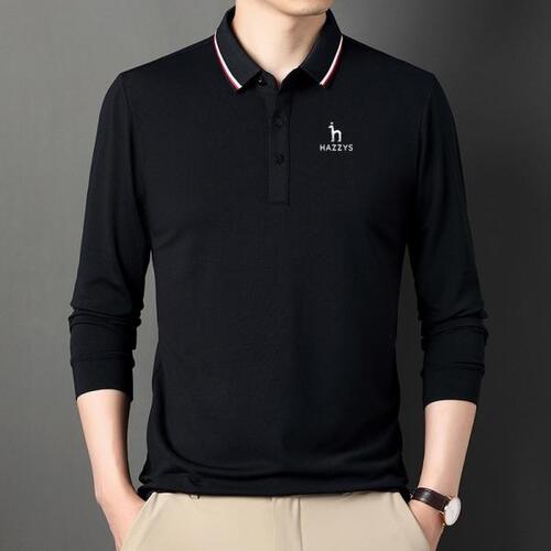 HAZZYS-남자 골프 의류,단색, 긴티셔츠, 중간 및 젊은 캐주얼 라펠 폴로 베이스 상의