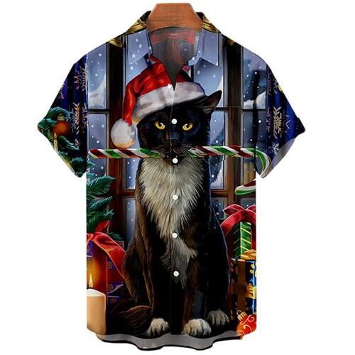남성크리스마스 산타 하와이안 비치 셔츠, 캐주얼 원 버튼 고양이 프린트 반팔 블라우스 상의