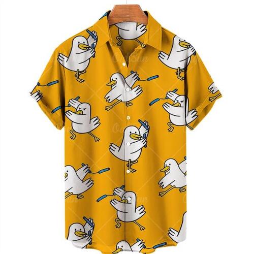 동물 프린트 하와이안 셔츠 남성 캐주얼 버튼 v넥 루즈핏 미국상의 여름
