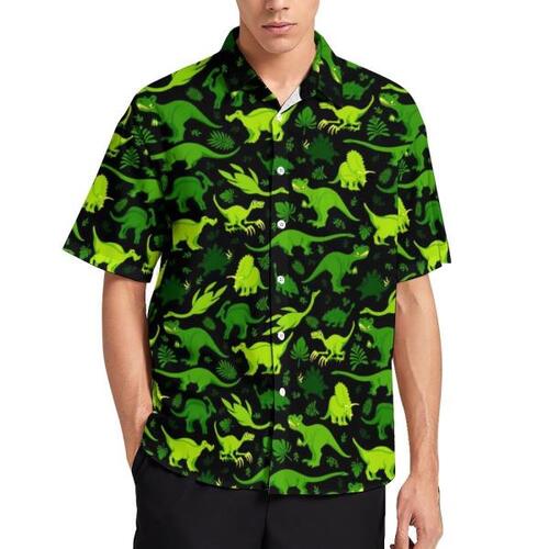미니 공룡 녹색 캐주얼 셔츠, 정글 나뭇잎 프린트 하와이 반팔 트렌디 블라우스, 남성 빅 사이즈