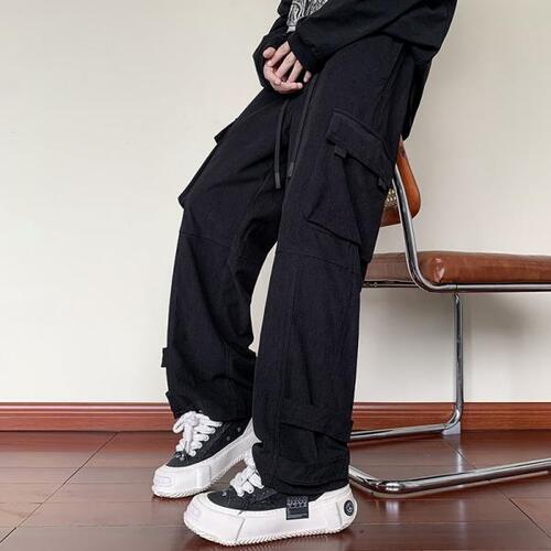 빅사이즈 남자 남자 낙하산 카고 팬츠, 밀리터리 디자인 코듀로이 긴 두꺼운 바지,와이드 레그 루즈핏 스트랩 하의, 5XL