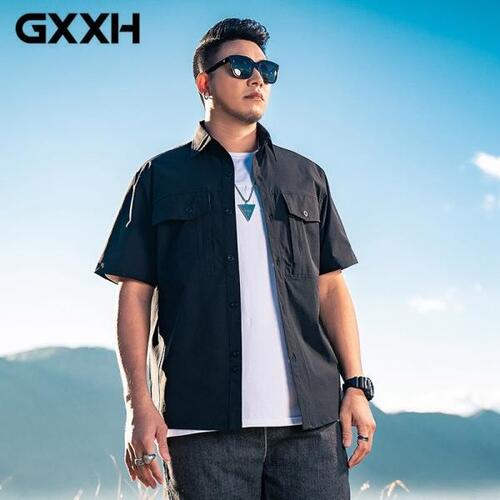GXXH 여름 슈퍼 빅사이즈 5XL 남자 클래식 블랙 드레스 셔츠 키 캐주얼 짧은특대 남성 의류