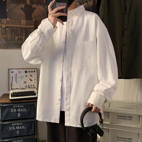 순수한 화이트 긴팔 셔츠 남성 청소년 박시 대형 캐주얼 과단색 코트 코튼 100%