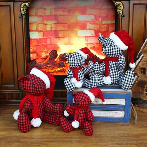 크리스마스 2023 체크 무늬 큐트 천 테디 베어 크리스마스 장식 장난감 인형 곰 집 선물 트리