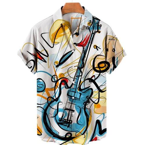 여름 남성 셔츠 하와이안 의류음악 기타 프린트 상의 티 캐주얼 대형 블라우스 비치 Camisa