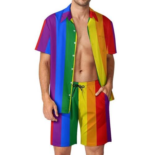 LGBT 레인보우 남성 세트, 게이 프라이드 플래그 프린트 캐주얼 셔츠 하와이 휴가 반바지 여름 정장 2 피스 빅 사이즈 2XL