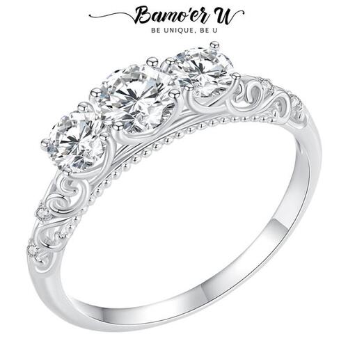 Bamoer U 1.1CT 라운드 모이사나이트 반지 S925 플래티넘 도금 섬세한 레이스 여자 약혼 D 컬러 VVS1 EX Lab Diamond