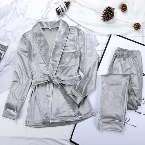 HECHAN-회색 벨벳 잠옷, 여자 따뜻한 긴홈 의류, 투피스 세트, 두꺼운 나이트 슈트