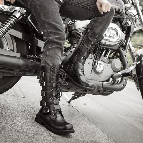 크기 38-46 남자 가죽 오토바이 부츠 중반 송아지 밀리터리 전투 고딕 벨트 펑크 신발 락