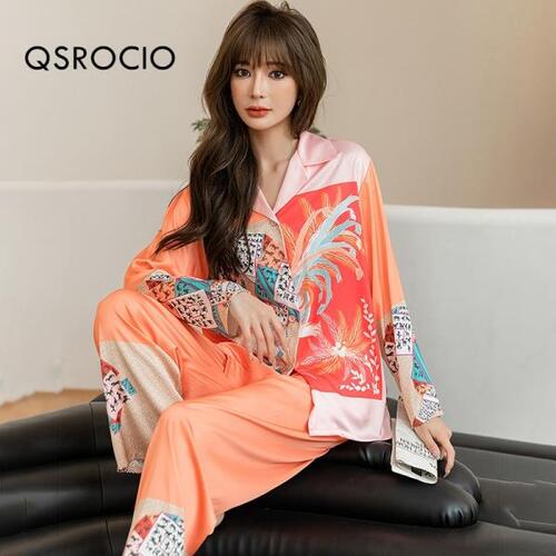 QSROCIO-고품질 여자 잠옷 세트, 공장 프린트 실크 홈웨어 잠옷,나이트 레저 홈 의류