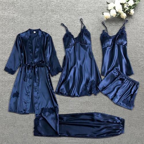 블루 실크 잠옷, 여름//봄 여자 세트, 신축성 허리 바지, 라운지 홈웨어, 5 피스/세트