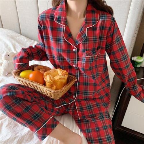 캐주얼 홈 바지 정장 여자 잠옷 포켓 체크 무늬 2 피스 라펠 칼라 셔츠 라운지웨어 홈웨어 핫