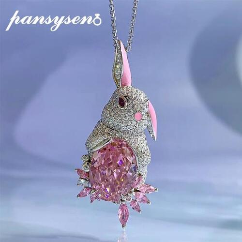 PANSYSEN-오리지널 925실버 로맨틱 핑크 사파이어, 전체 다이아몬드 보석, 토끼 펜던트 목걸이, 결혼식 웨딩 고급 쥬얼리