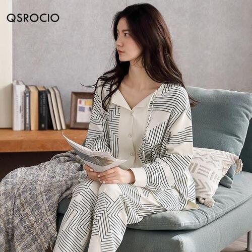 QSROCIO- 여자 잠옷 세트, 고품질 보헤미안 스트라이프 프린트 v넥 코튼 홈웨어, 나이트 팜므