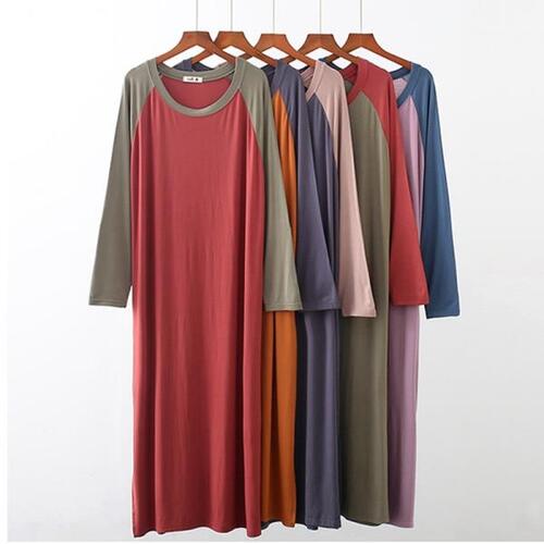 Fdfkak-여자 편한 루즈핏 나이트 셔츠,모달 잠옷 스플라이싱 컬러 가운, 90 KG 착용