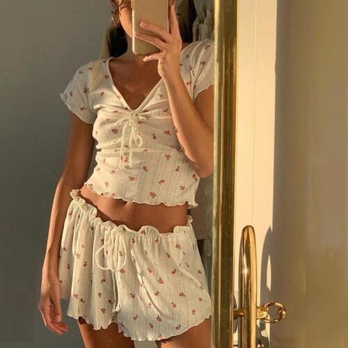 여름 여자 스트링키 셀비 지 플로럴 파자마 세트. 얇은 소녀의 꽃 잠옷, 나이트 가운 한 벌. 홈 수면 라운지웨어