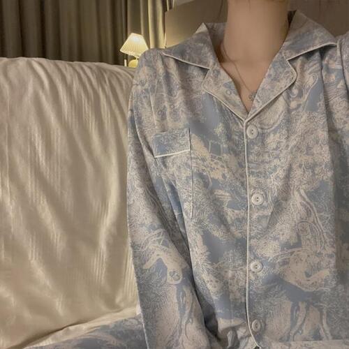 봄아이스 실크 잠옷, 여자 긴캐주얼 한 벌, 홈 의류, 꽃무늬 프린트 수면 세트