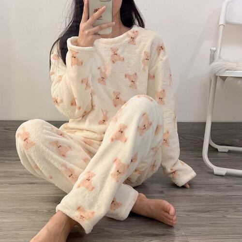 곰프린트 잠옷 세트, 여자 용 따뜻한 두꺼운 홈웨어, 일본 소녀 귀여운 귀여운 플란넬 Y2K