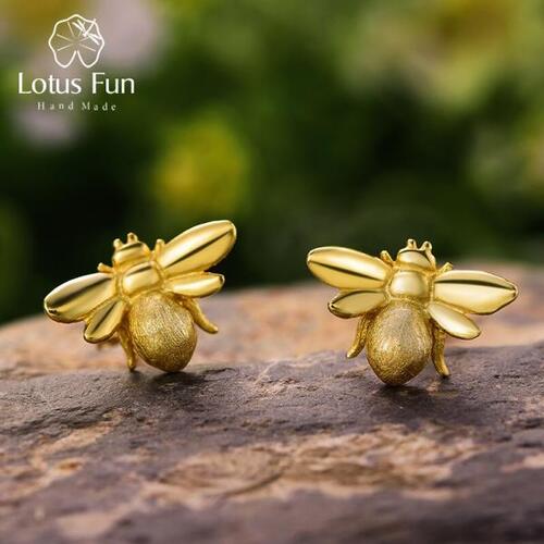 Lotus Fun- 925실버 꿀벌 귀걸이, 내추럴 디자이너 고급 쥬얼리, 귀여운 18K 골드 허니비 스터드