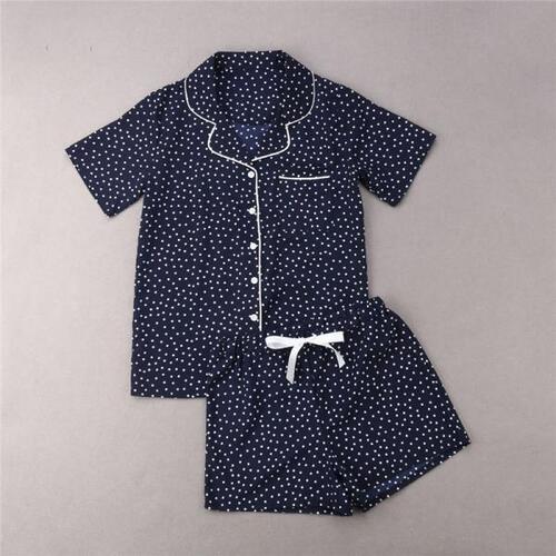 캐주얼 뉴 여자 루즈핏 잠옷 세트, 도트 프린트, 여름 반팔 셔츠 + 바지 홈웨어 가운