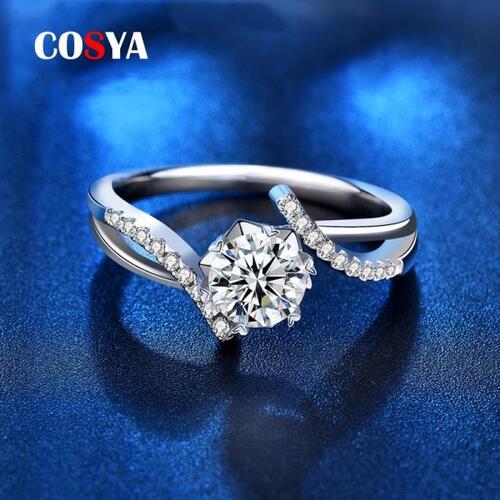COSYA-925실버 1CT D VVS1 크로스 라운드 다이아몬드 및 GRA 모이사나이트 반지, 여자 결혼식 웨딩 약혼 고급 쥬얼리 선물