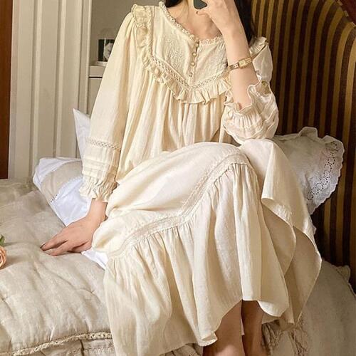 순수 코튼 빈티지 나이트 가운, 잠옷, 긴 드레스, 빅토리아 로맨틱 공주
