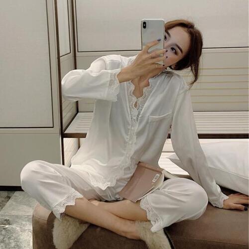2개/대/세트 홈 양복 잠옷 여자 긴바지 새틴 실크 정장 Pijamas