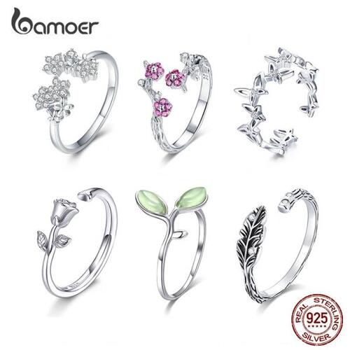 Bamoer925실버 식물 시리즈 꽃 나비 반지 여자 럭셔리 결혼식 웨딩 보석 GAR021, 사이즈 조절 가능