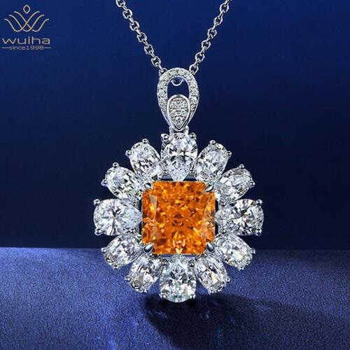 WUIHA 925실버 10CT생생한 오렌지 사파이어는 여자 모이사나이트 다이아몬드 펜던트 목걸이를 창조했다