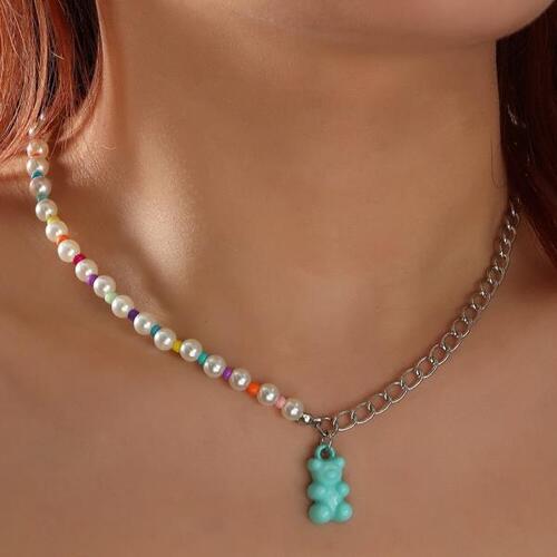 Cute Bear Pendant Colorful Beaded Necklace for Women Imitation Pearl Chain Choker Necklace Bohemian