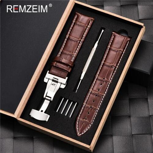 REMZEIM-정품 송아지 가죽 스트랩 시계 밴드 16 17 18 19 20 21 22 23 24mm, 시계 밴드 박스 포함, 시계 액세서리