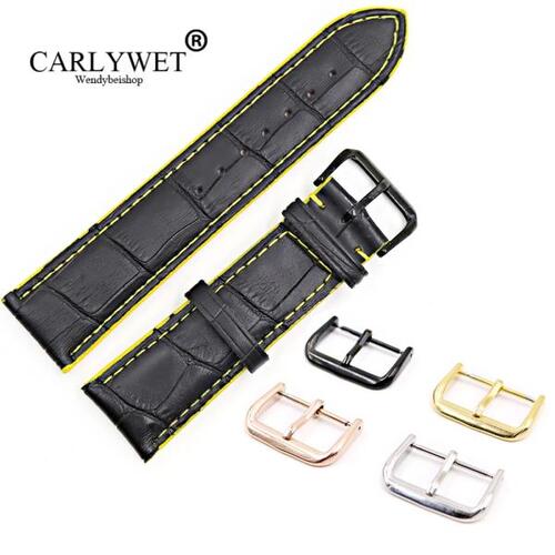 CARLYWET-18 20 22mm 블랙  가죽 핸드메이드 옐로우 스티치 교체용 시계 밴드 스트랩, 실버 컬러 광택 버클 포함