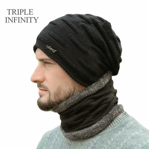 트리플 인피니티남성모자 스카프, 고품질 두꺼운 부드럽고 따뜻한 비니, 방풍, 스키 사이클링 남성 니트 모자