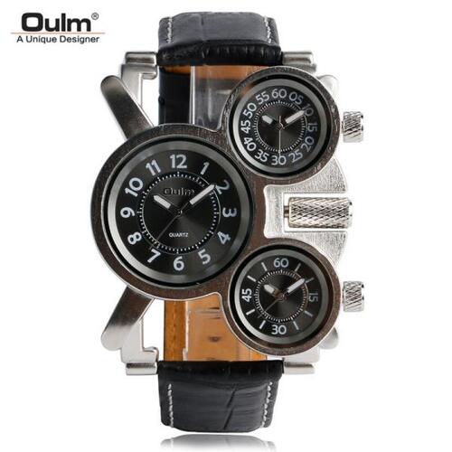 OULM-독특한 남성 시계, 세 시간대, 대형, 빅 사이즈,  다이얼,  가죽 스트랩, 밀리터리 남자 손목 시계, 남성 시계