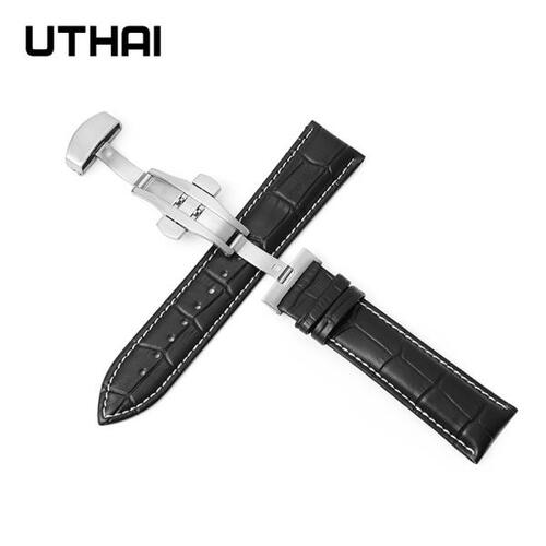 UTHAI-Z09 가죽 스트랩 시계 밴드 12-24 시계 스트랩 22mm, 시계 밴드 더블 프레스 자동 나비 걸쇠