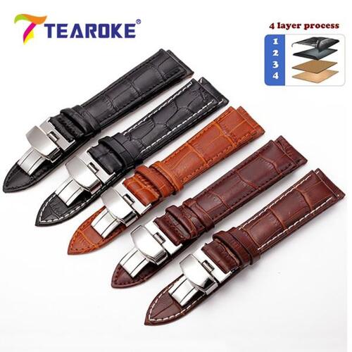 TEAROKE-가죽 시계 밴드 스트랩 나비 배치 버클 12 14 16 18 19 20mm 22mm 24mm, 광택 메탈 걸쇠, 시계 액세서리