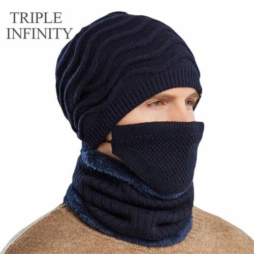 트리플 인피니티 남자 모자, 따뜻한 남성 니트 모자, 사이클링 방풍 두꺼운 블랙 보닛 마스크 스카프, 3 피스 슈트