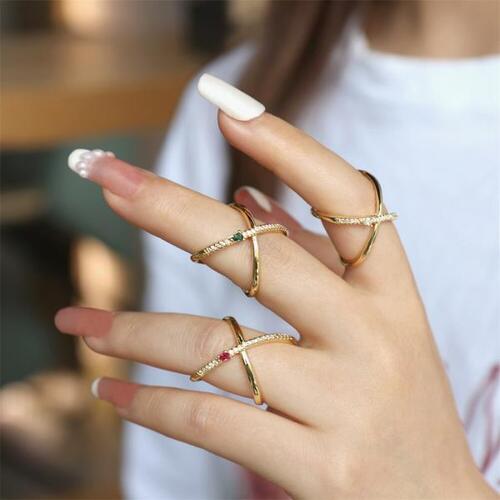 EYIKA 럭셔리 크로스 X 모양 여자 약혼 반지 전체 여러 가지 빛깔의 지르콘 금도금 오픈 조절 링 보석