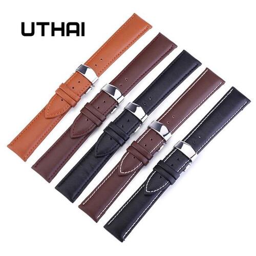 UTHAI-천연 가죽 나비 버클 스트랩 Z07, 12-24mm, 시계 액세서리, 고품질 브라운 색상 시계 밴드