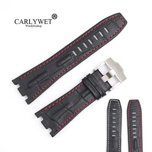 CARLYWET-28mm 블랙  가죽 핸드메이드 두꺼운 손목 시계 밴드 스트랩 벨트, 오크 오프쇼어 42mm