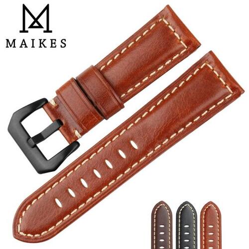 MAIKES-정품  가죽 시계 밴드 스테인레스 스틸 버클 22mm 24mm 26mm, 시계 액세서리, Panerai 시계 스트랩 팔찌
